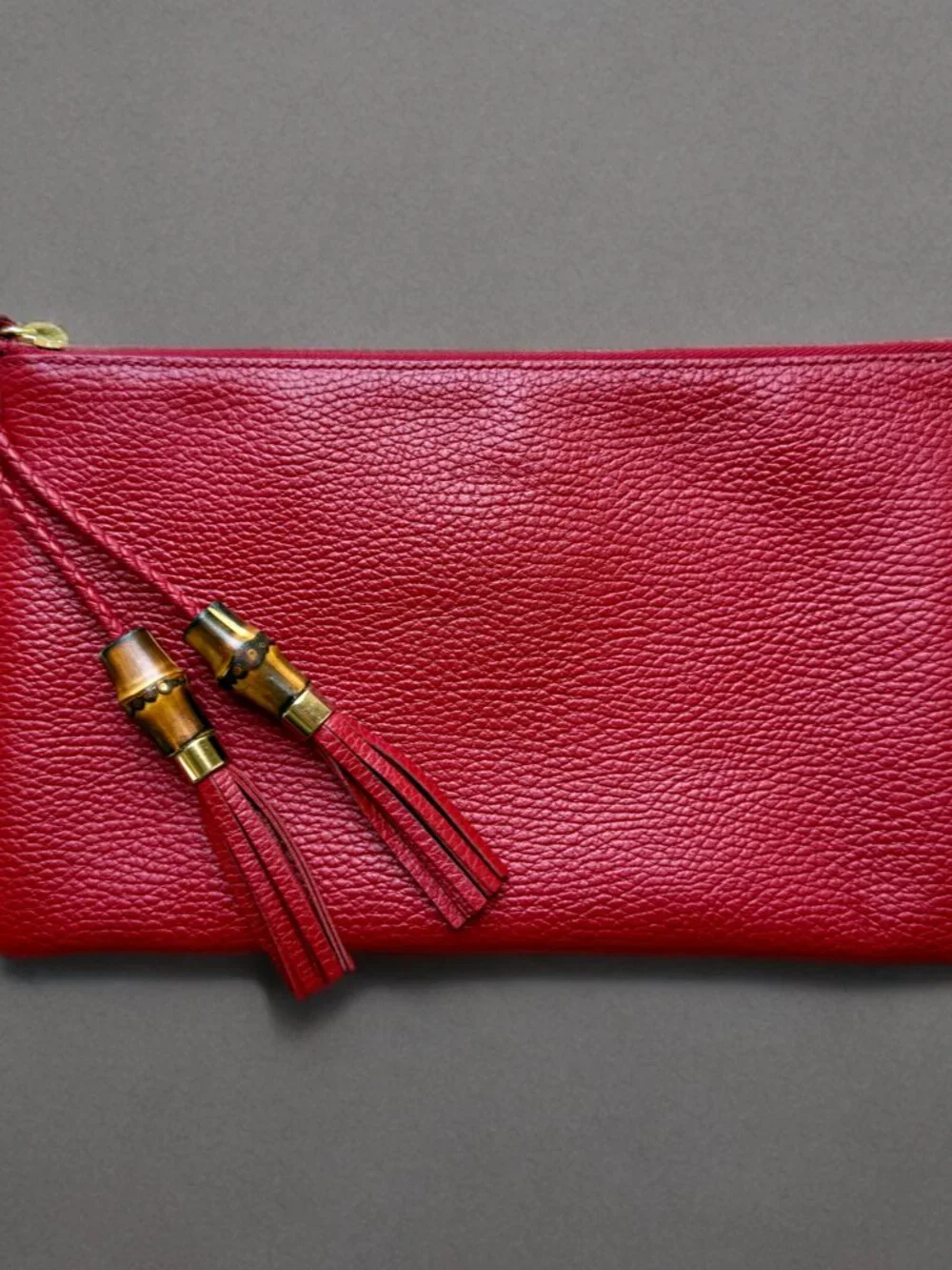 Gucci Red Leather Bamboo Tassel Zip Pouch Clutch
